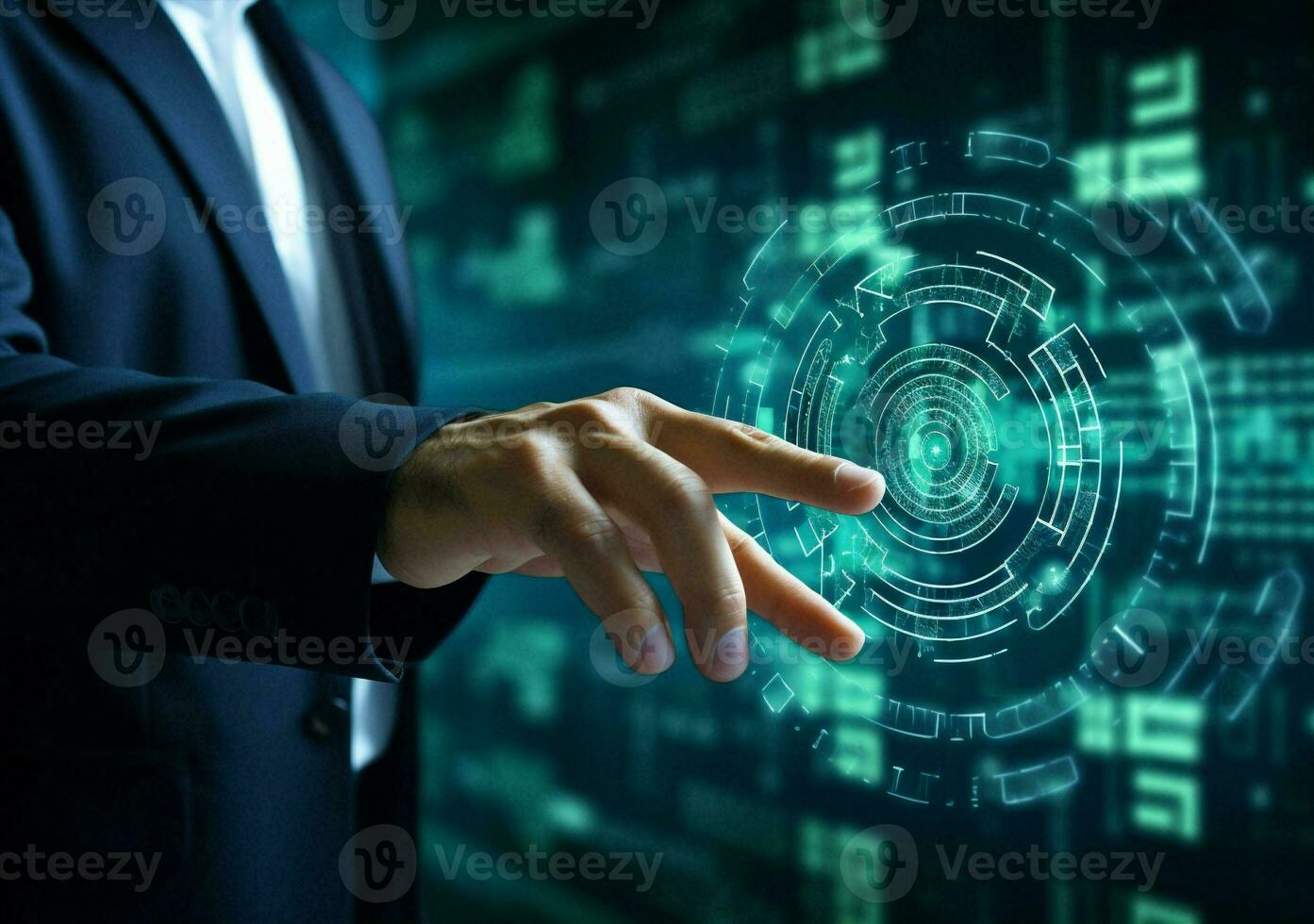 Digital hand virtual code interface icon technology business innovation concept blue tech screen photo