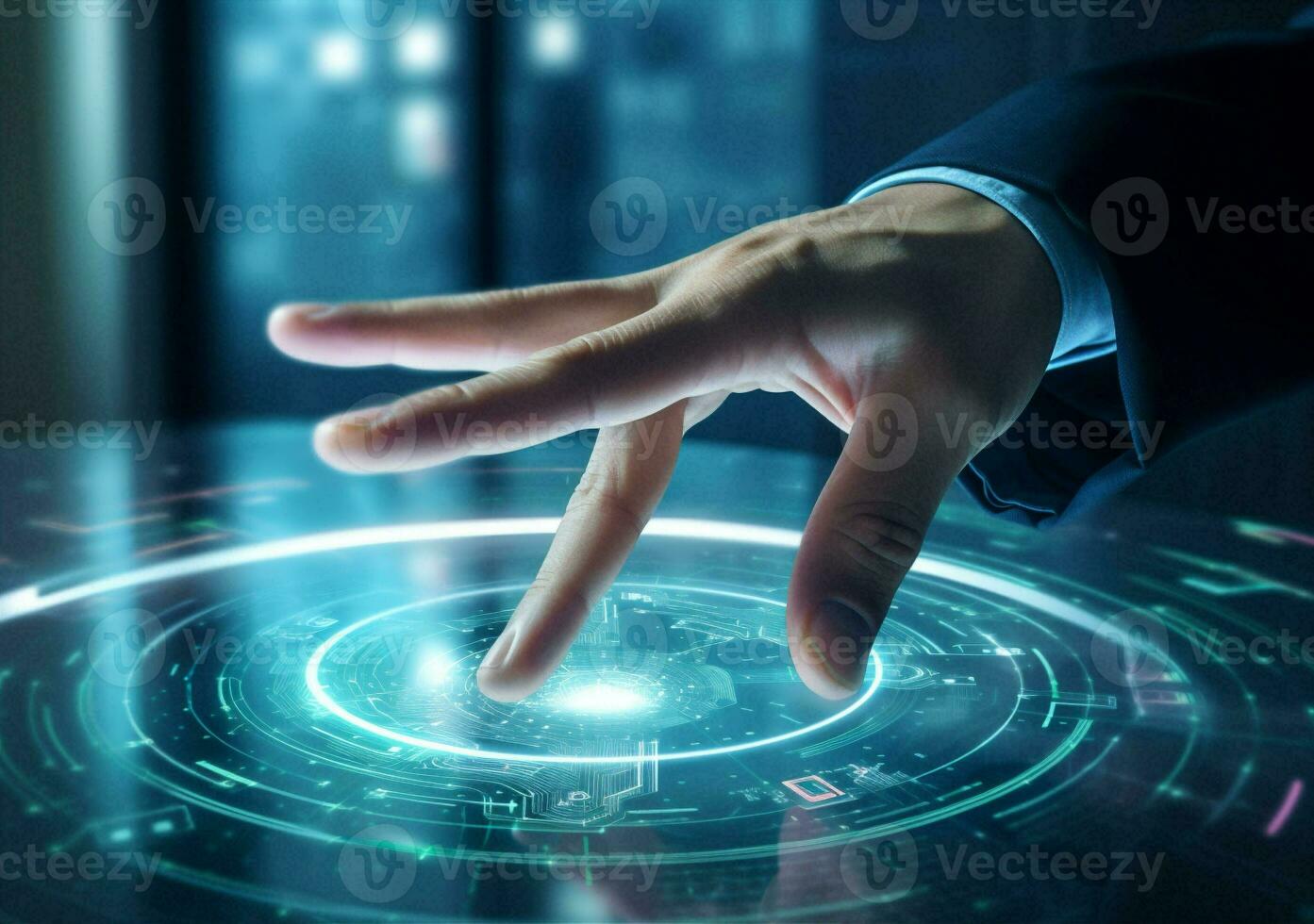Hand man interface virtual screen technology concept digital innovation code business engineering tech photo