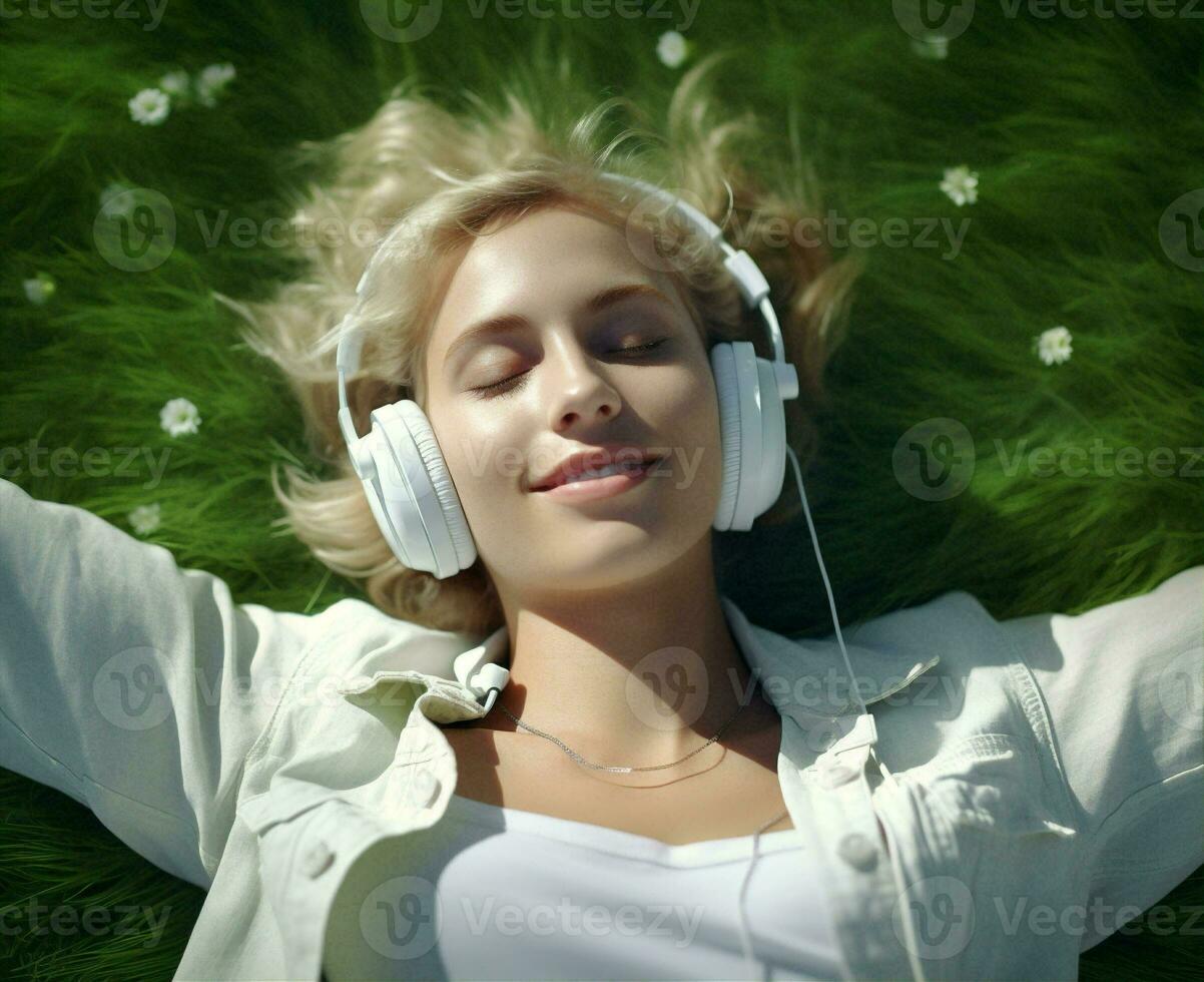 Grass woman music enjoy natural earphones summer alone background green meditation portrait listen lifestyle song entertainment photo