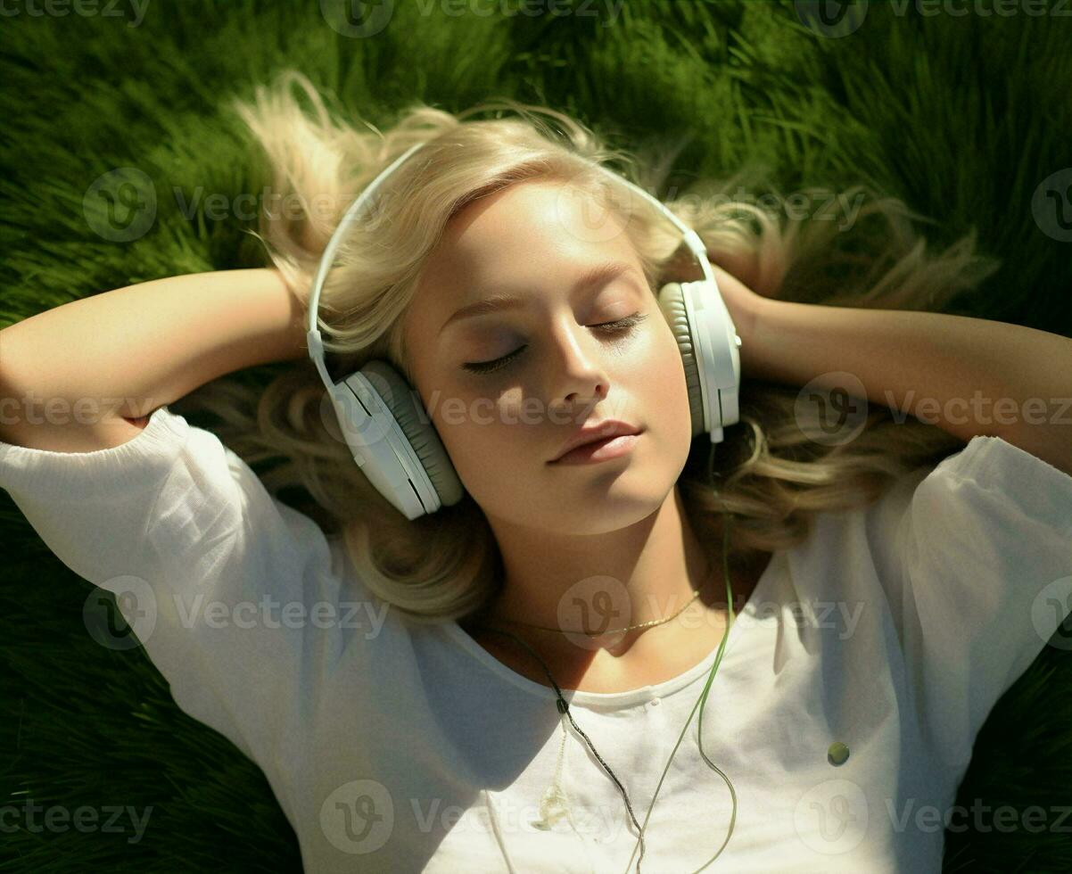 Music woman person meditation audio lifestyle portrait headphones green grass leisure student earphones listen summer photo