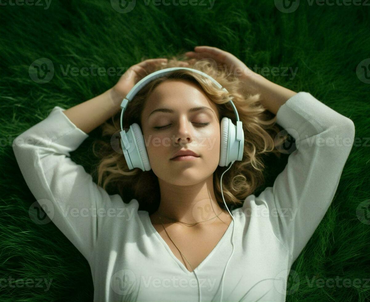 Green woman youth outdoors natural meditation song earphones relaxation lifestyle listen portrait attractive grass music summer photo