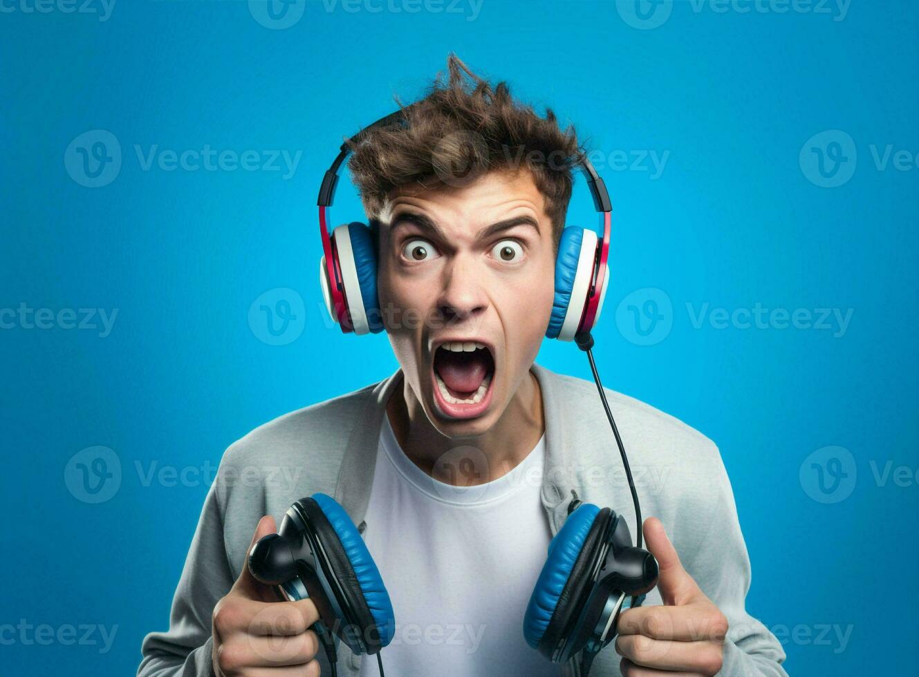 Man screaming expression student hands joystick gamer leisure funny video reality playing headphones photo