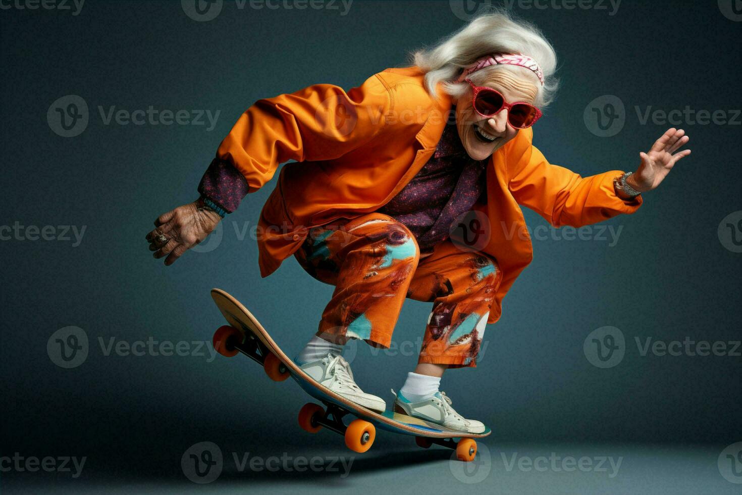 Background woman old wrinkle modern rock lady crazy female gray skateboard positive lifestyle retired grandmother elderly photo