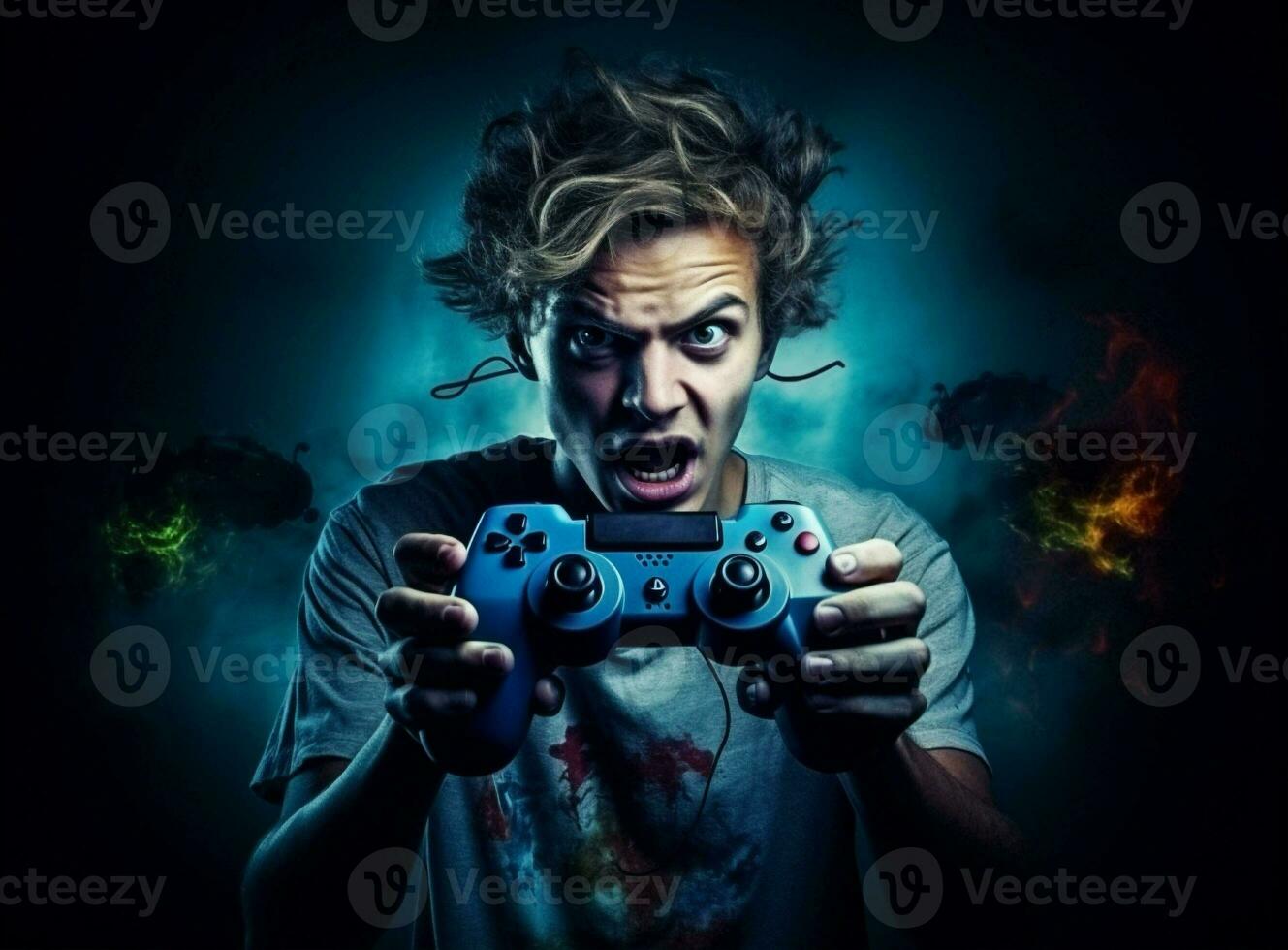 Man portrait caucasian stress shout angry sofa joystick gamer scream playing concept online technology photo