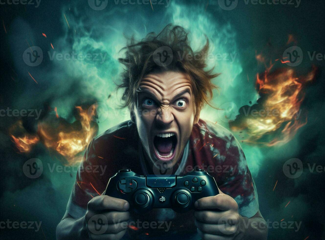 Stress man gaming gamer night technology online portrait video playing scream angry sofa concept joystick photo