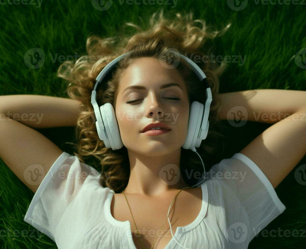Woman adult female summer background music grass sound lifestyle earphones fashion space listen green portrait meditation photo