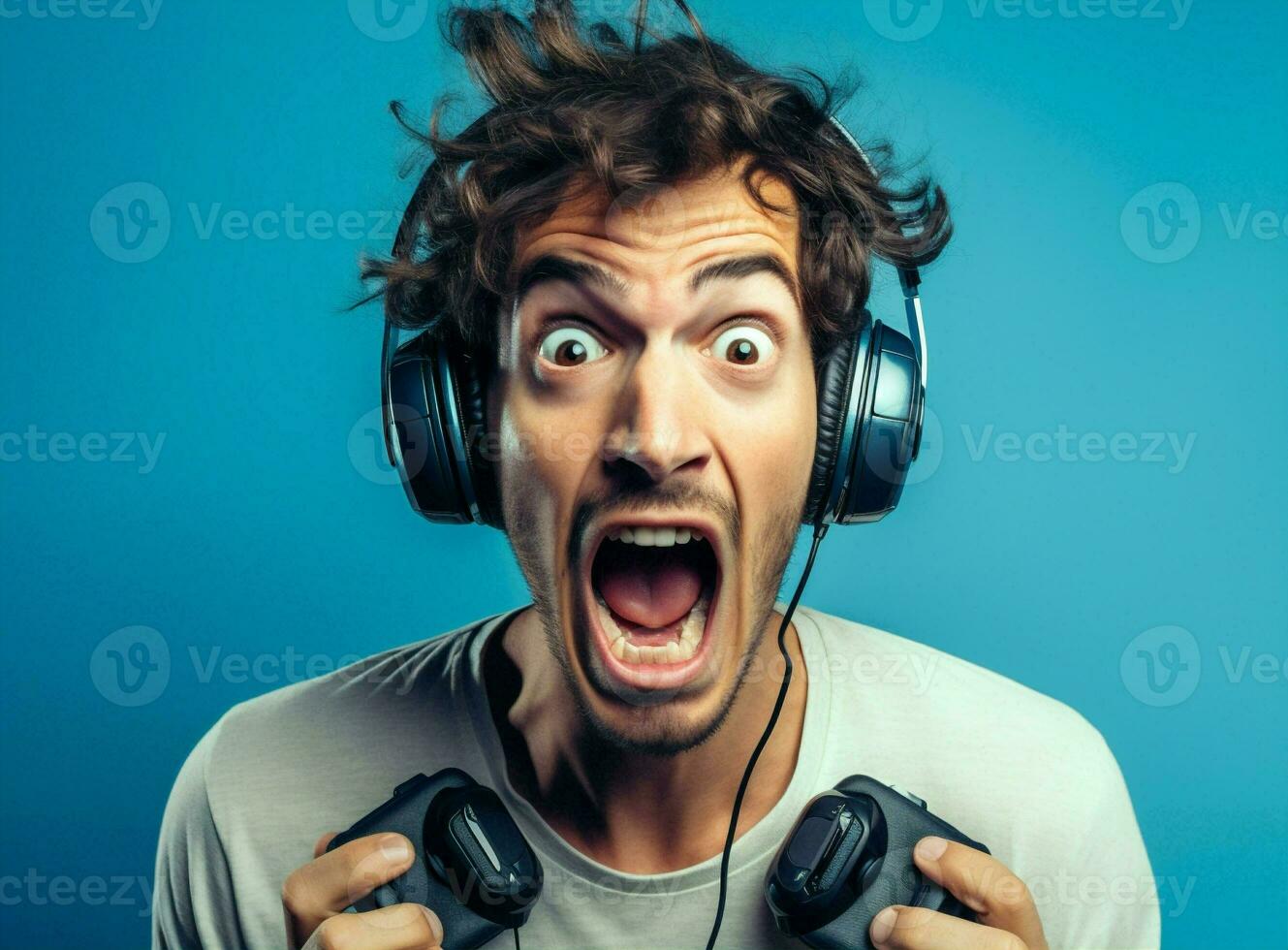 Sofa man playing stress angry gamer technology adult indoors portrait scared joystick scream online shout photo