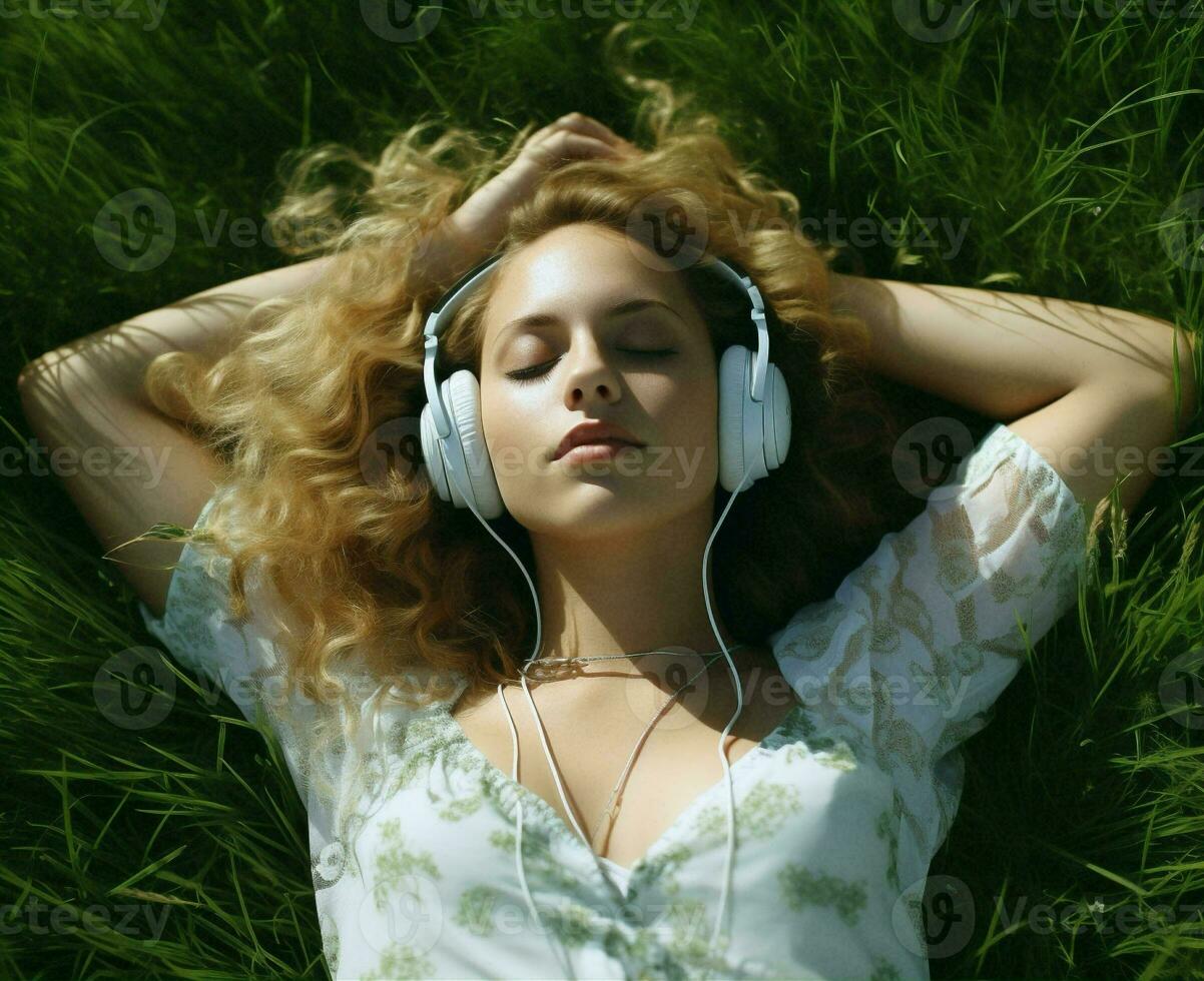 Woman listen earphones music photo