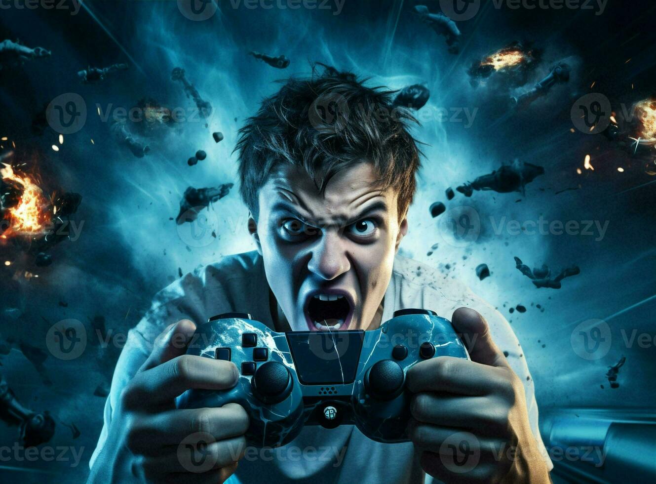 Gamer man stress scream joystick portrait angry tv playing online entertainment technology horror photo