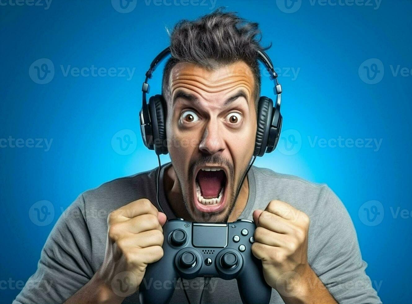 Man couch playing stress online computer sofa technology portrait scream expression angry furious joystick gamer photo