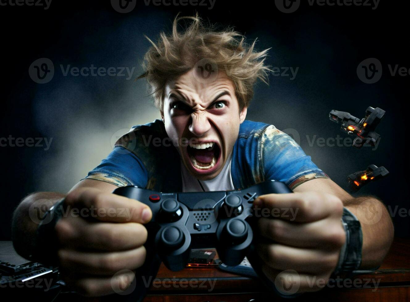 Stress man online angry technology joystick concept scream shout computer gamer playing male face portrait photo