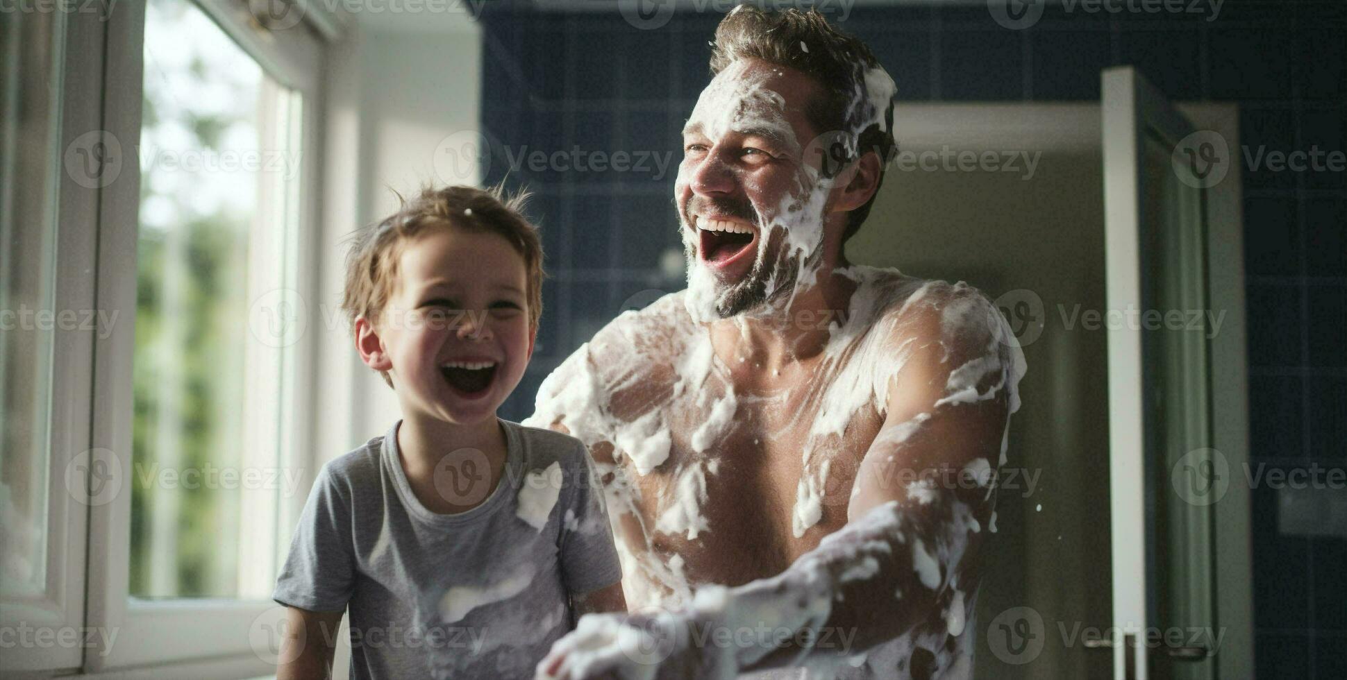 Family man father smiling water cream morning outdoors bathroom playful children toddler together childhood kid photo