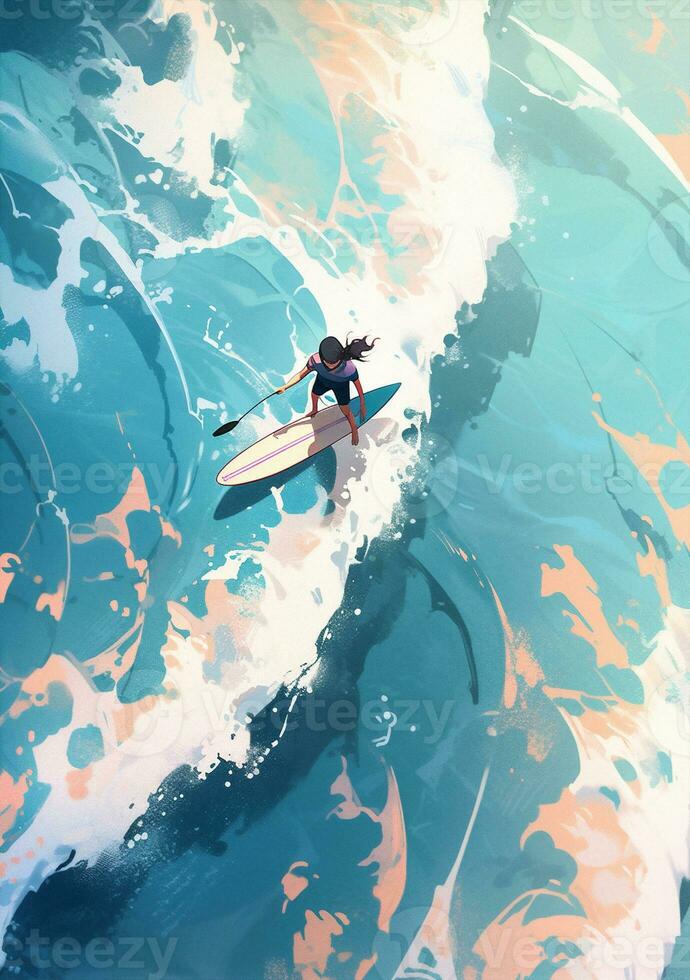 surfing woman lifestyle water exercise sea surfer sport boarding summer ocean. Generative AI. photo