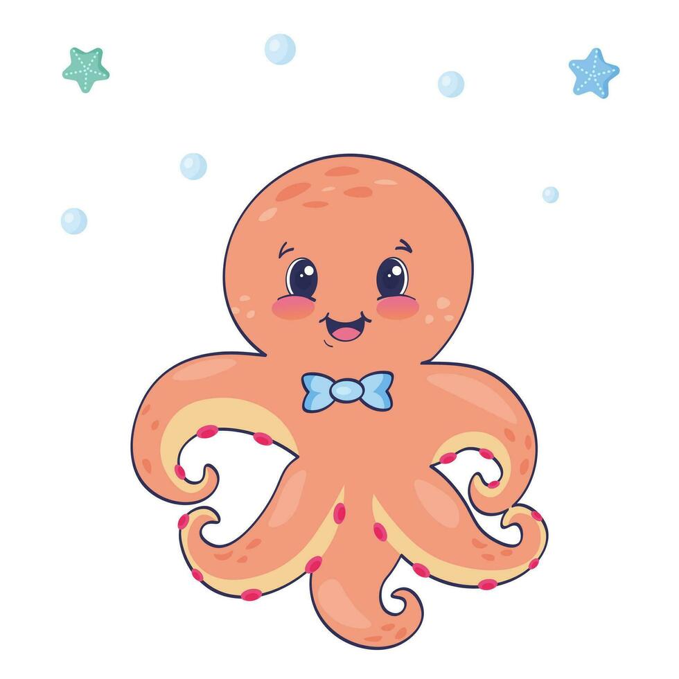 Cute smiling octopus with doodle elements on white background. Funny underwater animal. Childish character. Colored flat cartoon vector illustration