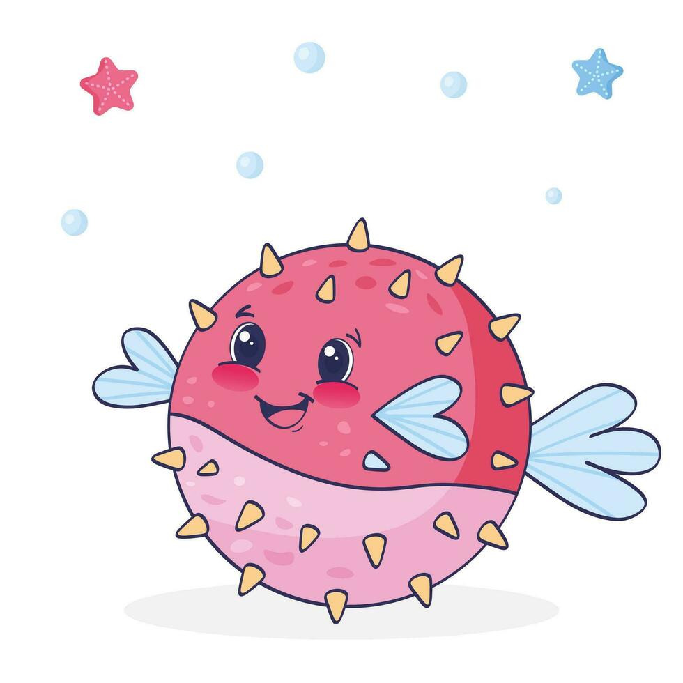 Cute smiling hedgehog fish with doodle elements on white background. Childish character. Colored flat cartoon vector illustration
