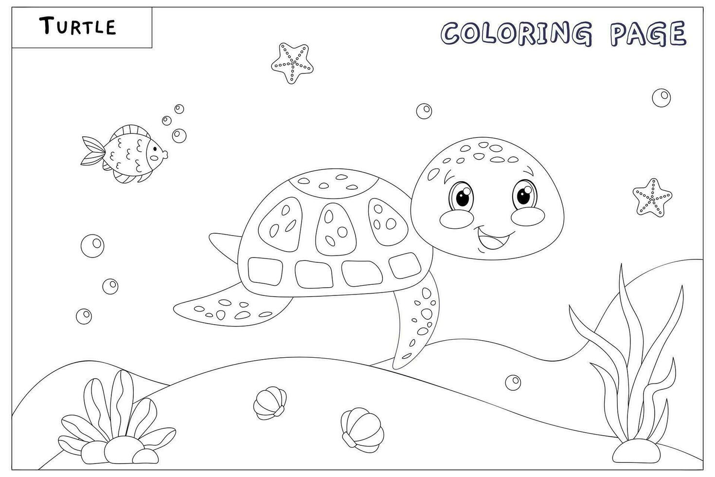 Cute smiling turtle, with drawn elements in black and white vector