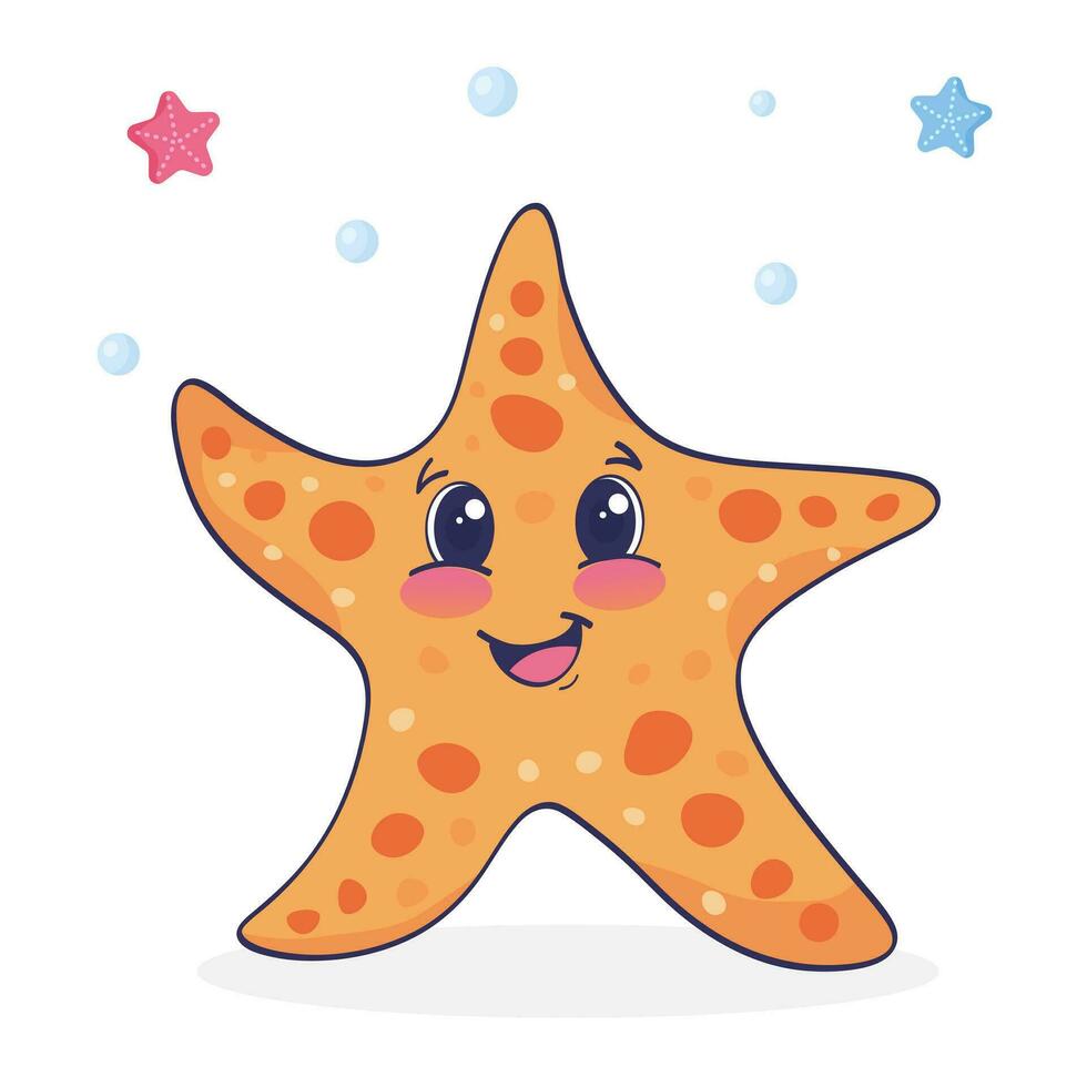 Cute starfish on white background. Childish character. Colored flat cartoon vector illustration