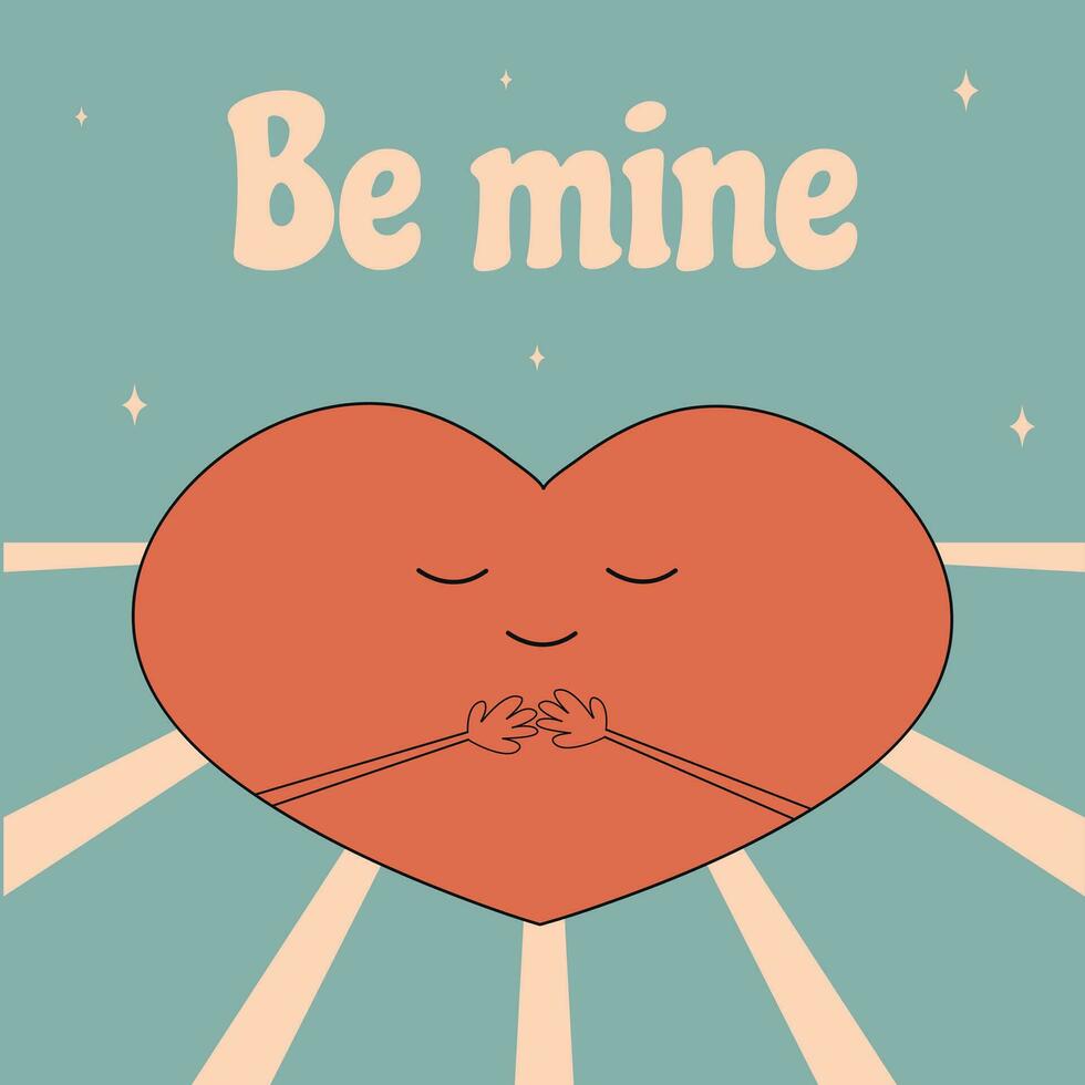 Retro groovy lovely hearts posters. Love concept. Happy Valentines day greeting card in trendy retro 60s 70s cartoon style. Vector illustration in pink red colors.