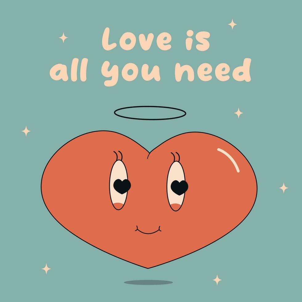 Retro groovy lovely hearts posters. Love concept. Happy Valentines day greeting card in trendy retro 60s 70s cartoon style. Vector illustration in pink red colors.