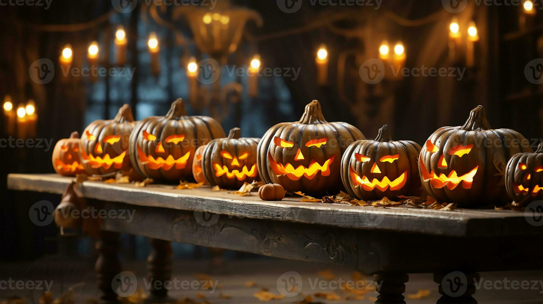 Víspera de Todos los Santos calabaza en un de madera mesa foto