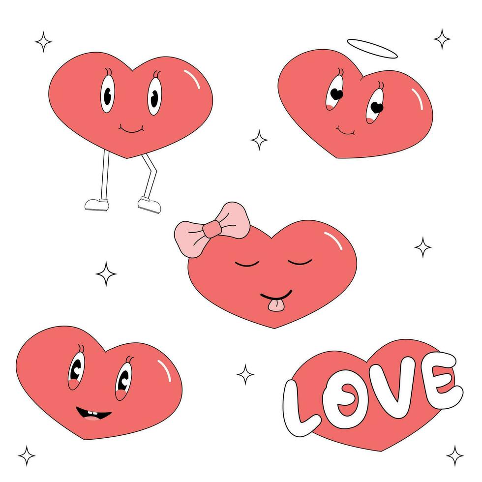 retro maravilloso encantador corazones pegatinas en de moda retro 60s 70s dibujos animados estilo. amor concepto. contento San Valentín día. vector ilustración en rosado rojo colores.