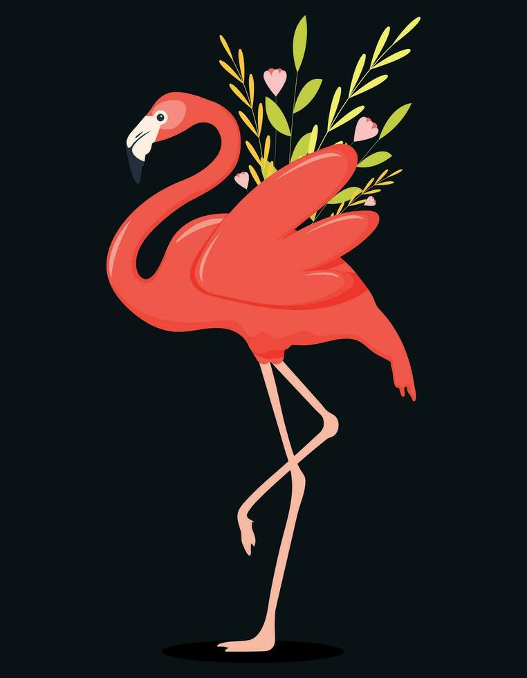 illustration of a pink flamingo. illustration of a flamingo. flamingo with flowers, vector illustration