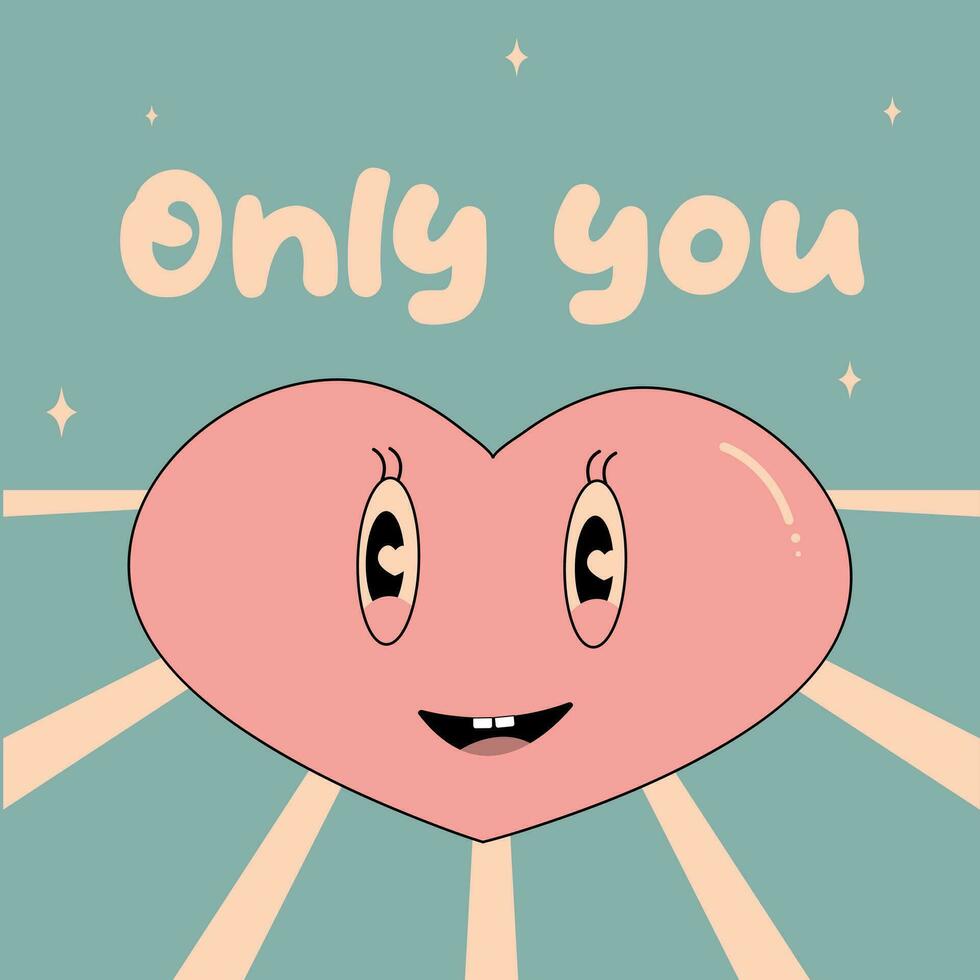 Retro groovy lovely hearts posters. Love concept. Happy Valentines day greeting card in trendy retro 60s 70s cartoon style. Vector illustration in pink red colors.