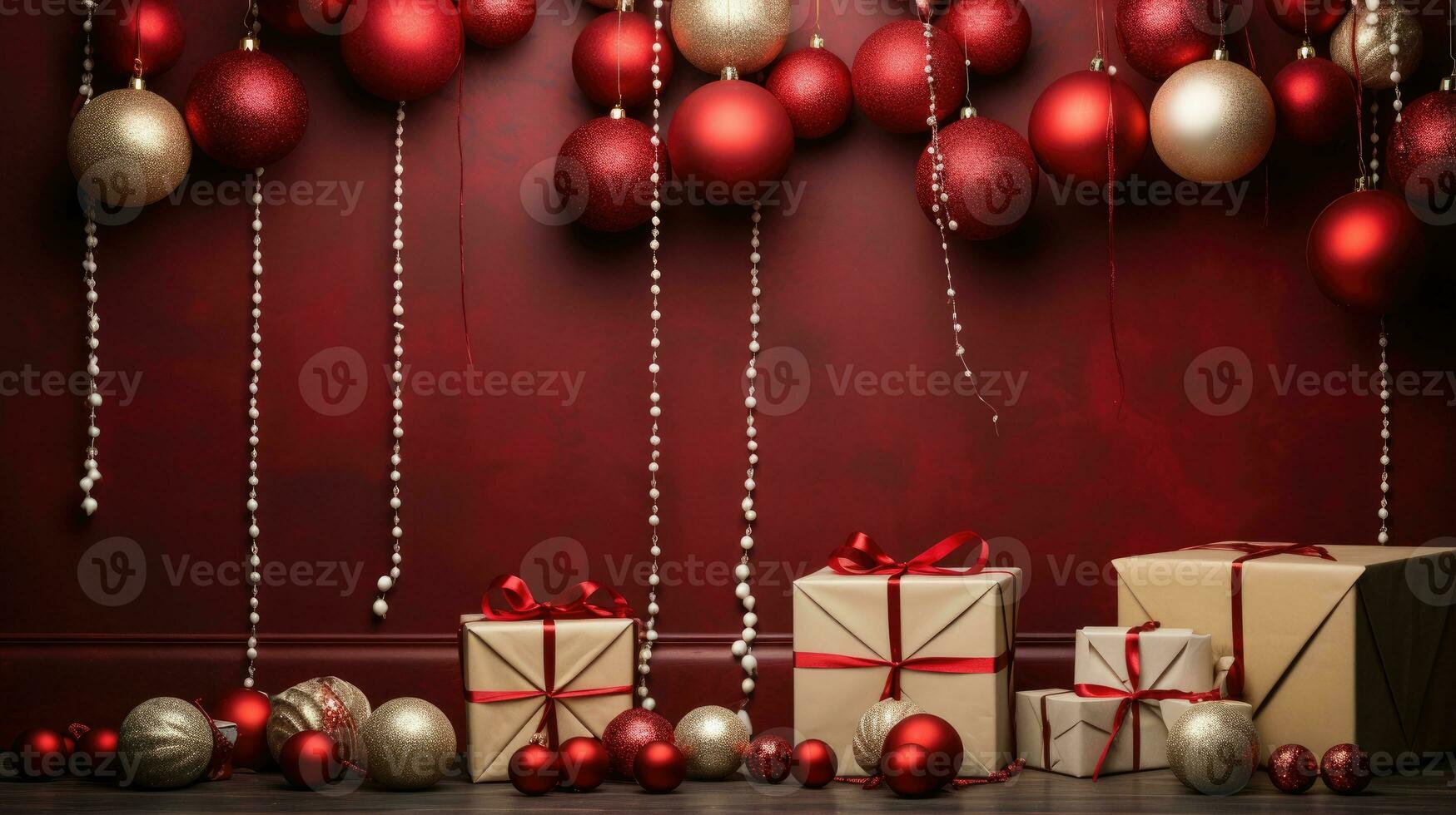 Navidad antecedentes con regalo cajas, ovillos de soga, documentos rollos y decoraciones en rojo foto