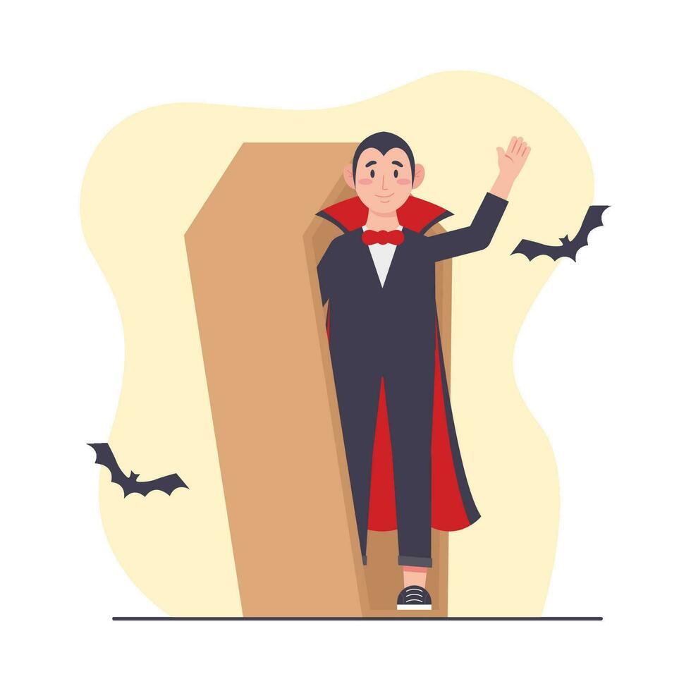 Vector illustration of vampire man in red cloak and cape. Halloween concept.