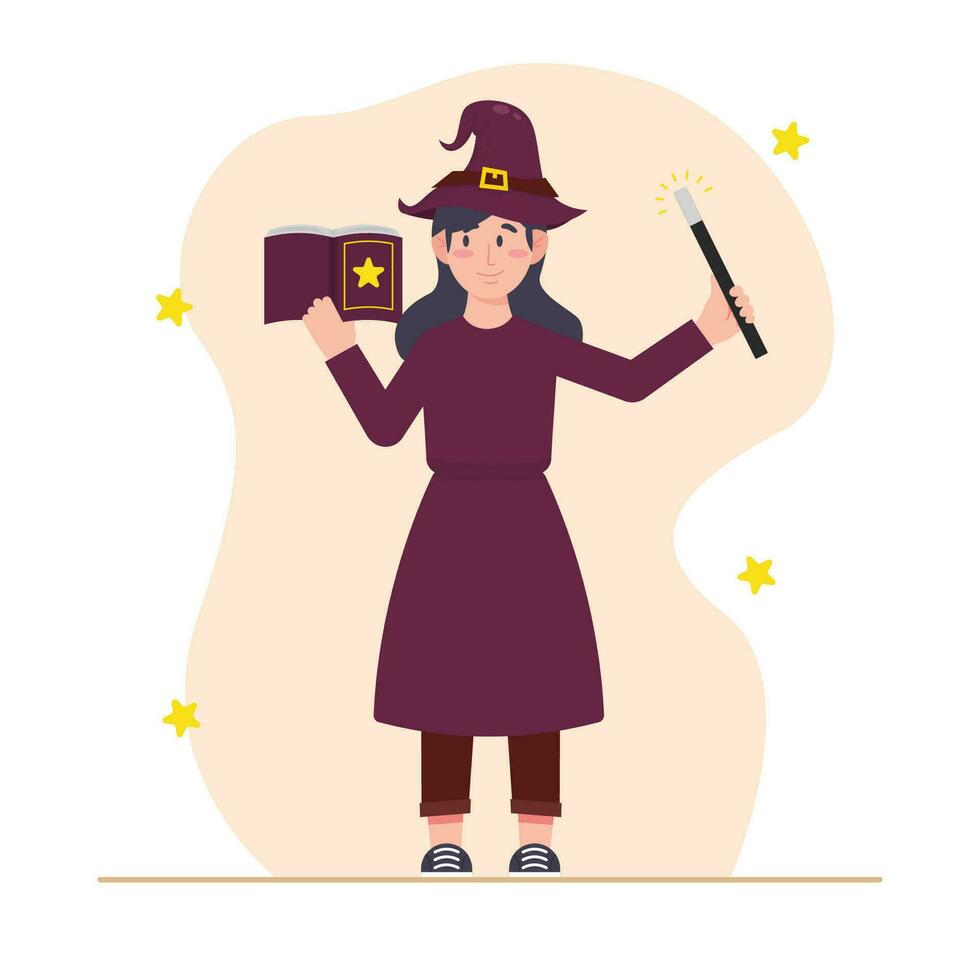 bruja con magia varita mágica y libro. vector ilustración en plano estilo