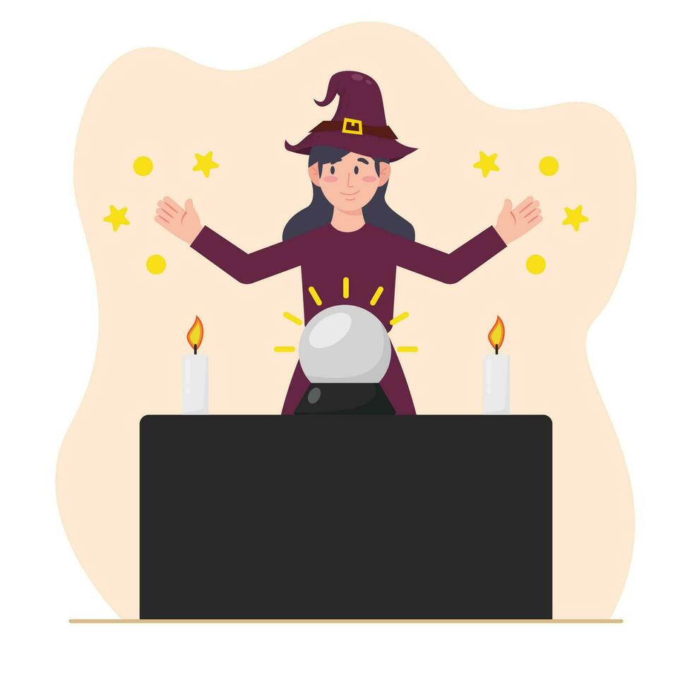 Halloween witch sitting at the table with a magic ball. Vector illustration.