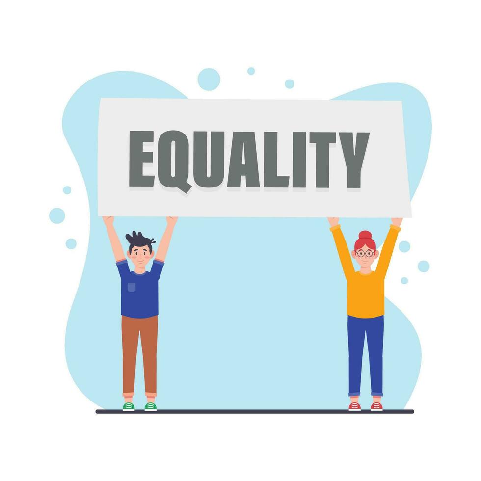 igualdad concepto. masculino y hembra activistas participación un cartel con igualdad texto. vector ilustración