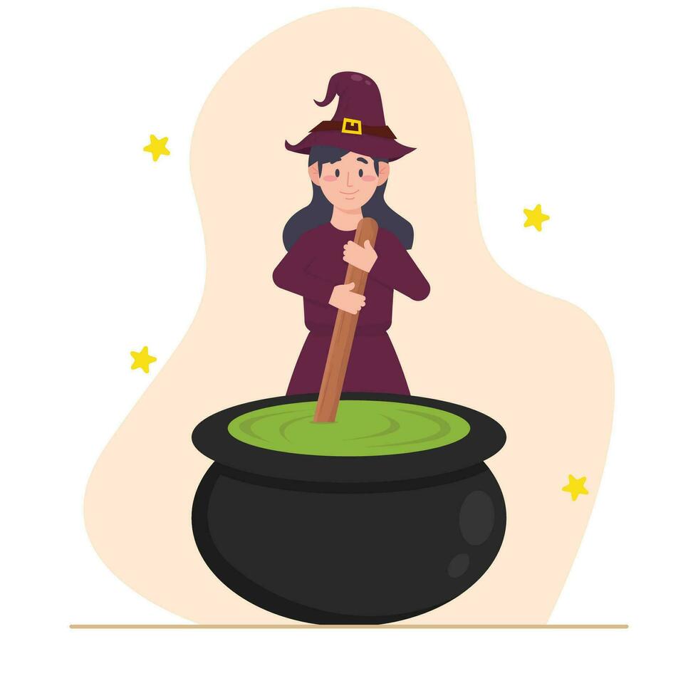 Halloween witch with pot of potion. Cute cartoon vector illustration.
