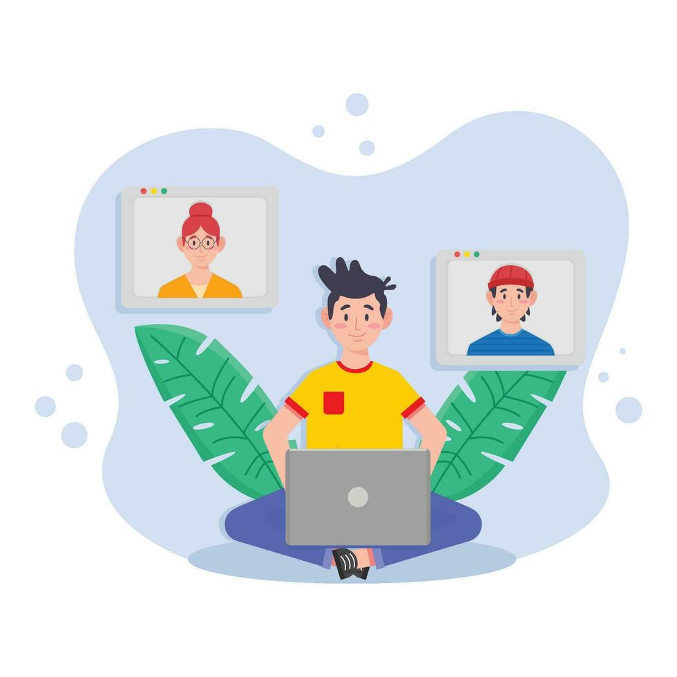 Man and woman with laptop. Vector illustration in a flat style.