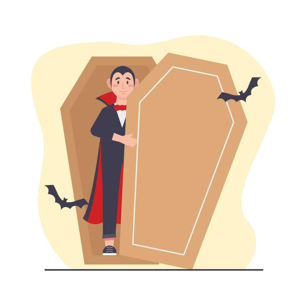 Man in vampire costume standing near coffin. Flat vector illustration. Halloween concept.