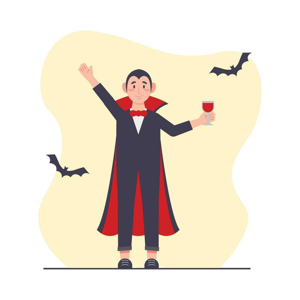 Halloween vector illustration. Man in vampire costume holding glass of red wine.