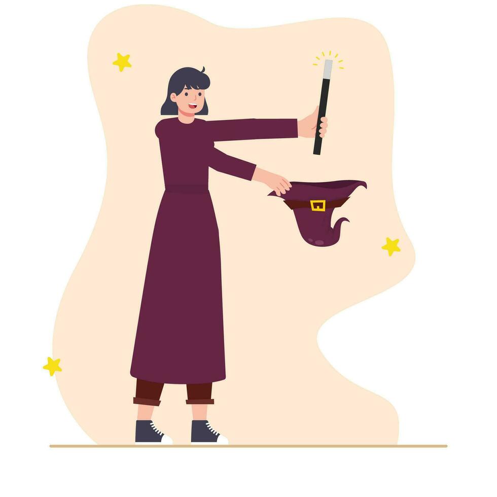 Vector illustration of a witch with a magic wand and a hat.