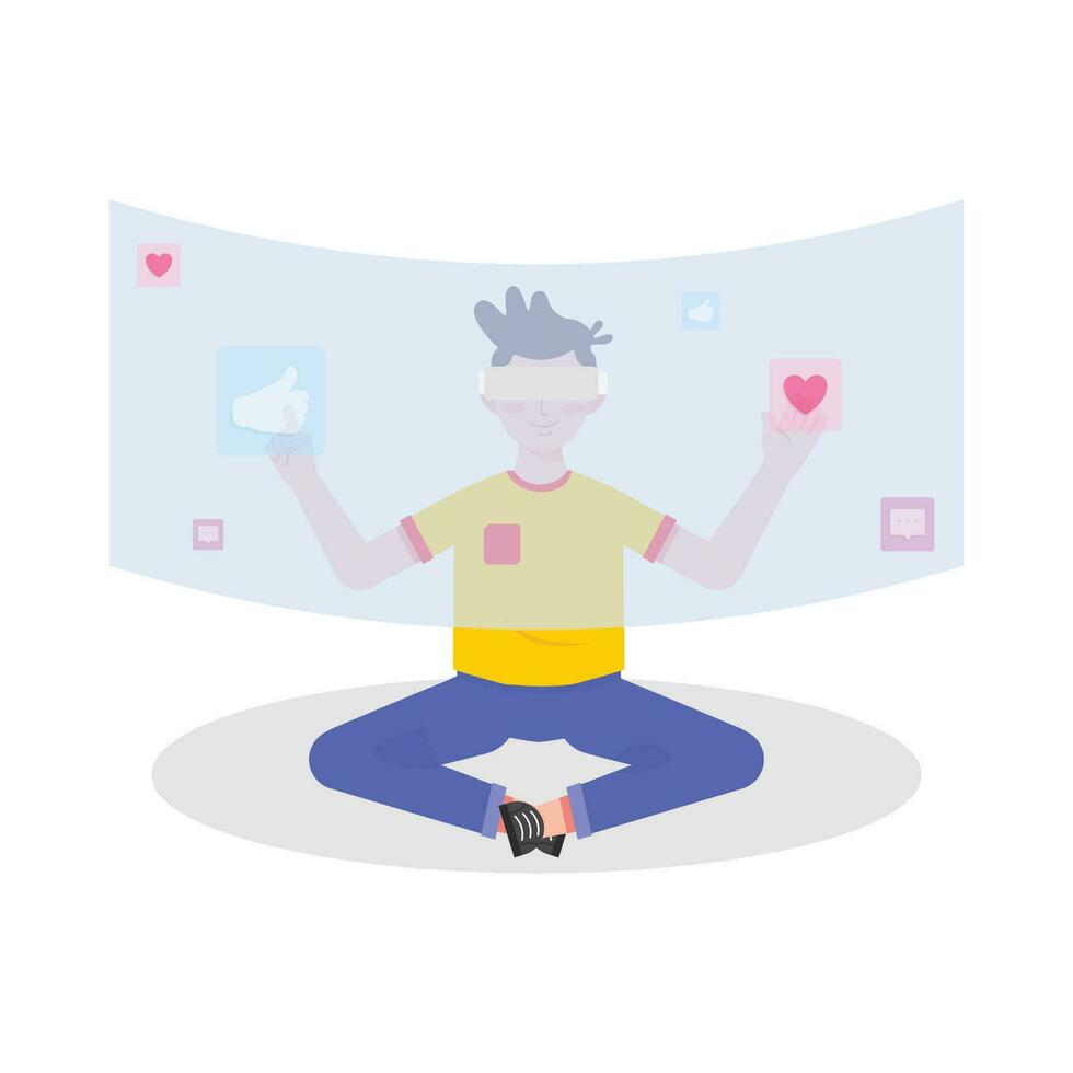 Man sitting on the floor and using virtual reality headset. Vector illustration.