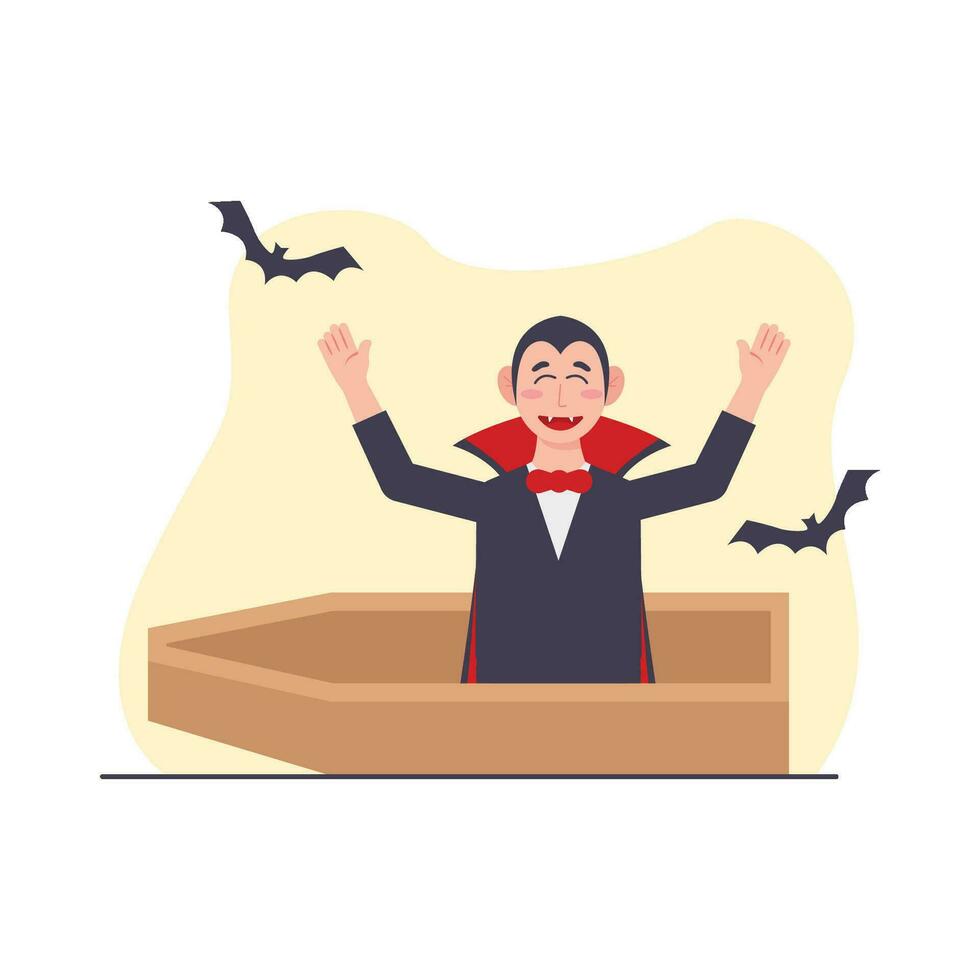 Man in vampire halloween costume flying in coffin vector illustration.