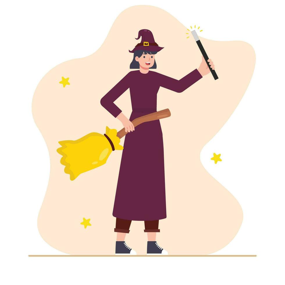 Witch with a magic wand and a broomstick. Flat vector illustration.