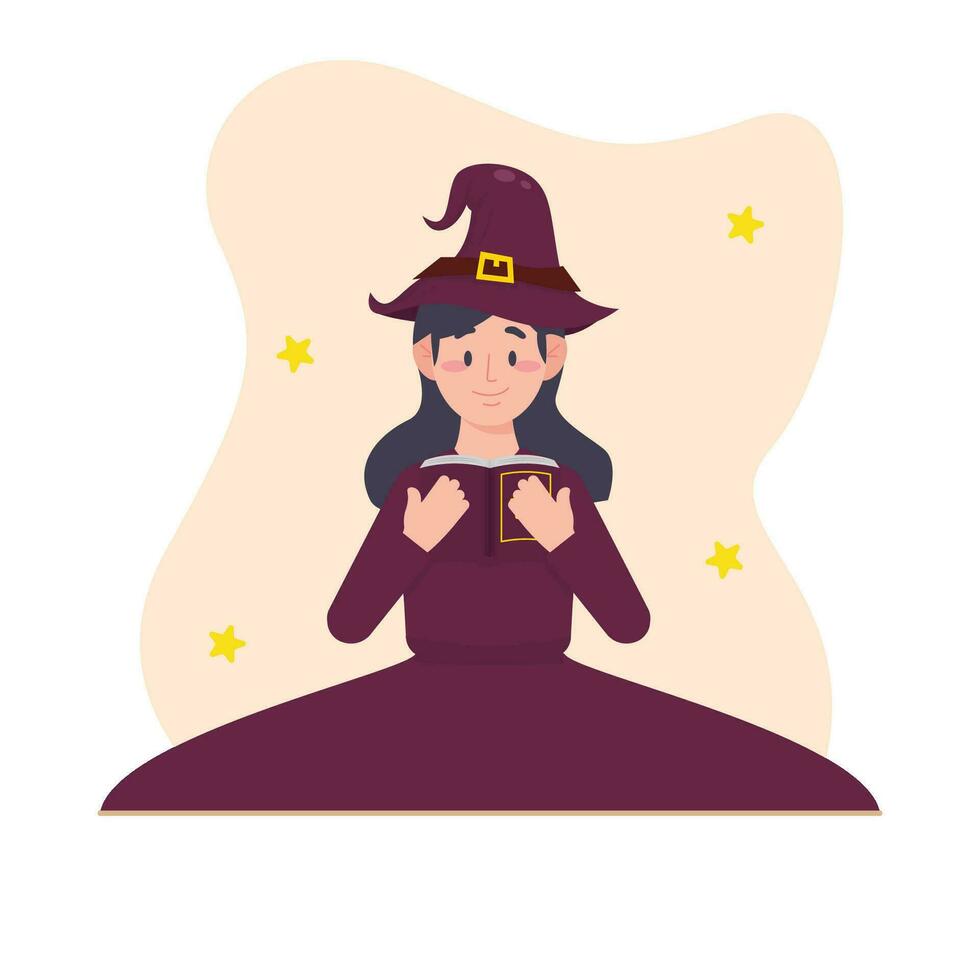 Halloween vector illustration. Cute witch with a book in her hands.