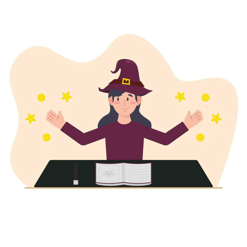 Young woman in witch costume sitting at table and reading book. Vector illustration.