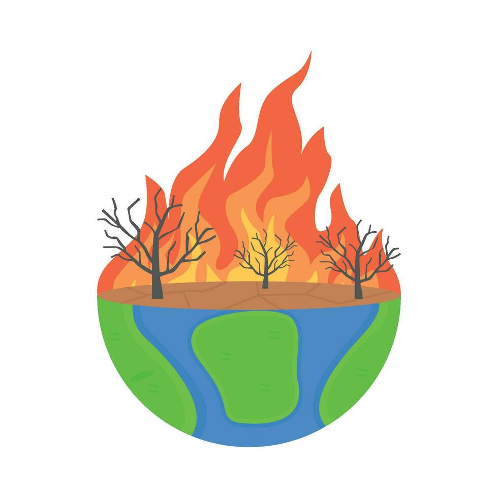 Burning tree in the earth. Global warming concept. Vector illustration