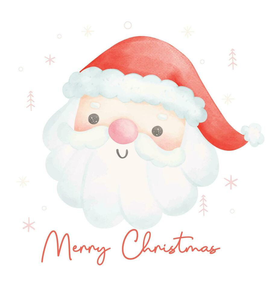 Cute Santa claus face, merry christmas cartoon watercolor character, vector