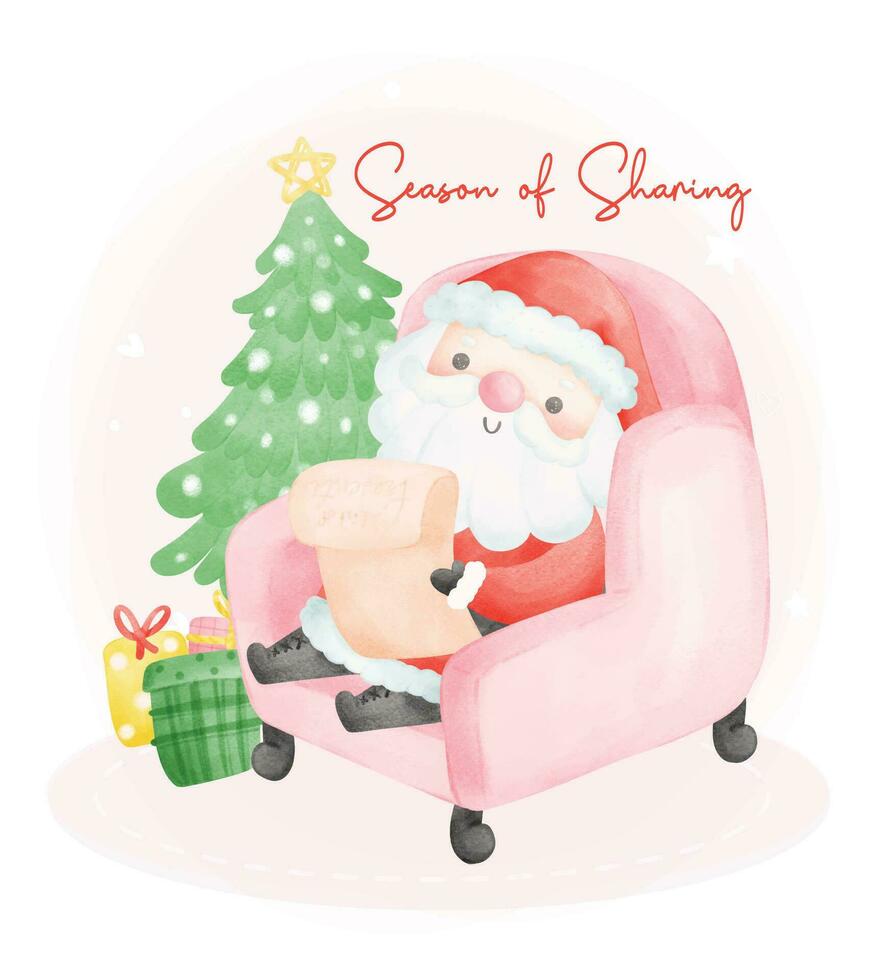 Cute Christmas watercolor with adorable smiling Santa Claus in cozy sofa cartoon character vector illustration
