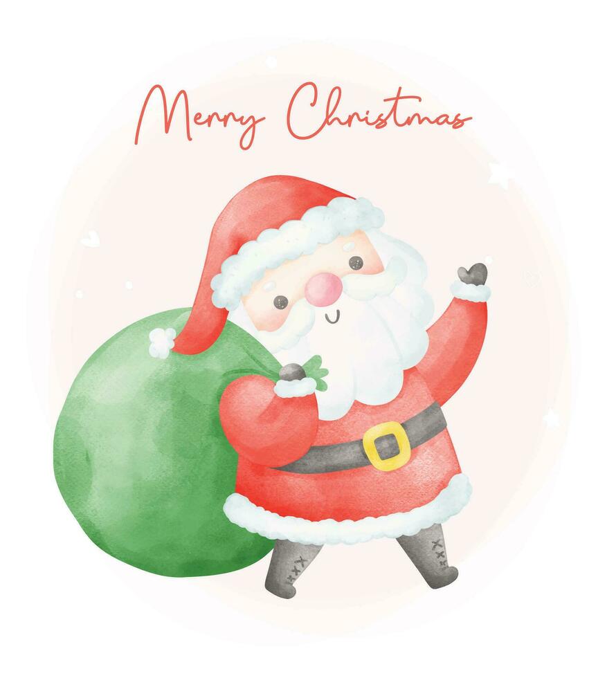 Cute Santa claus with gift sack cartoon watercolor character. vector