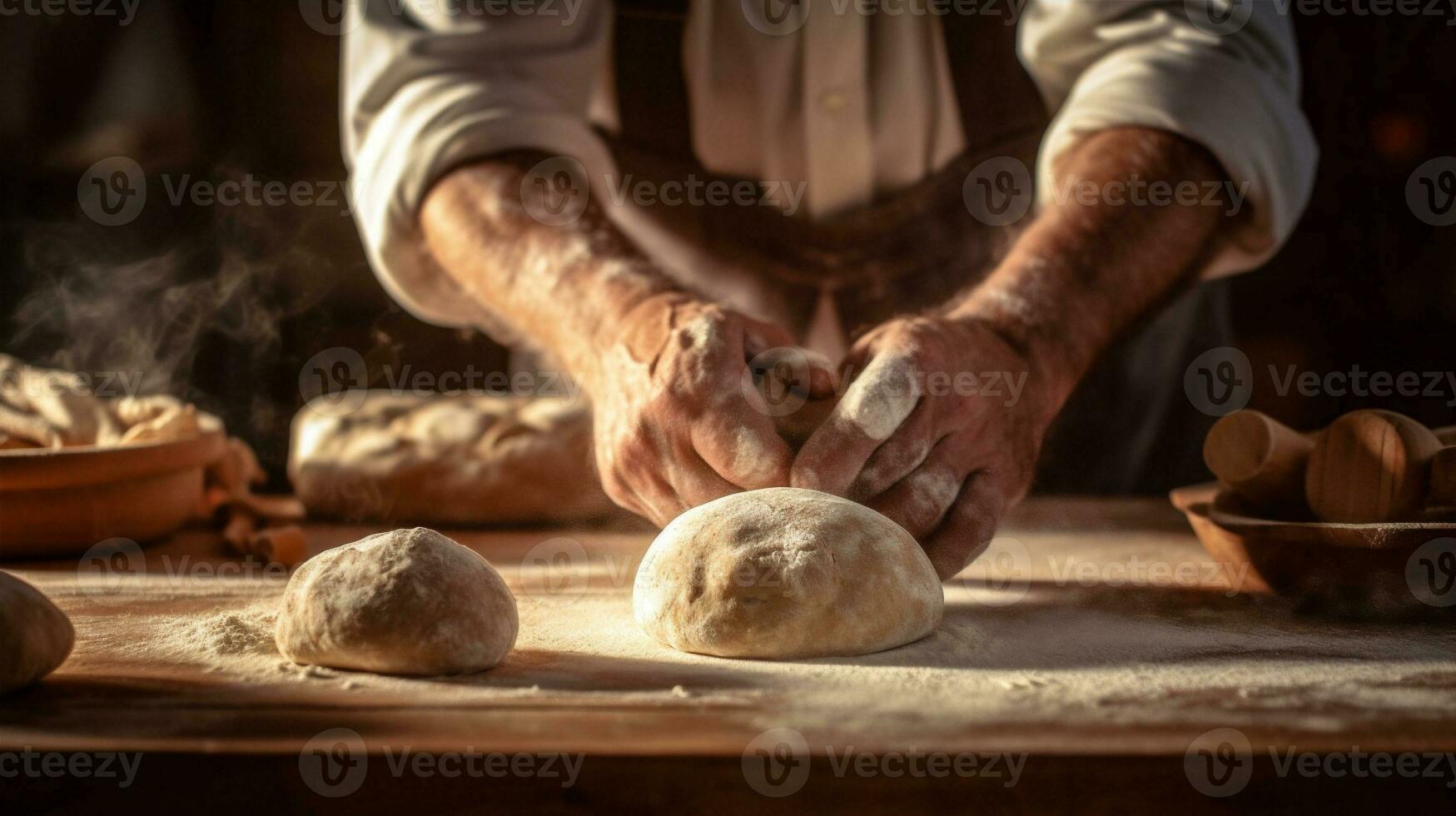 dough cook flour knead hands food chef pastry kitchen baker. Generative AI. photo