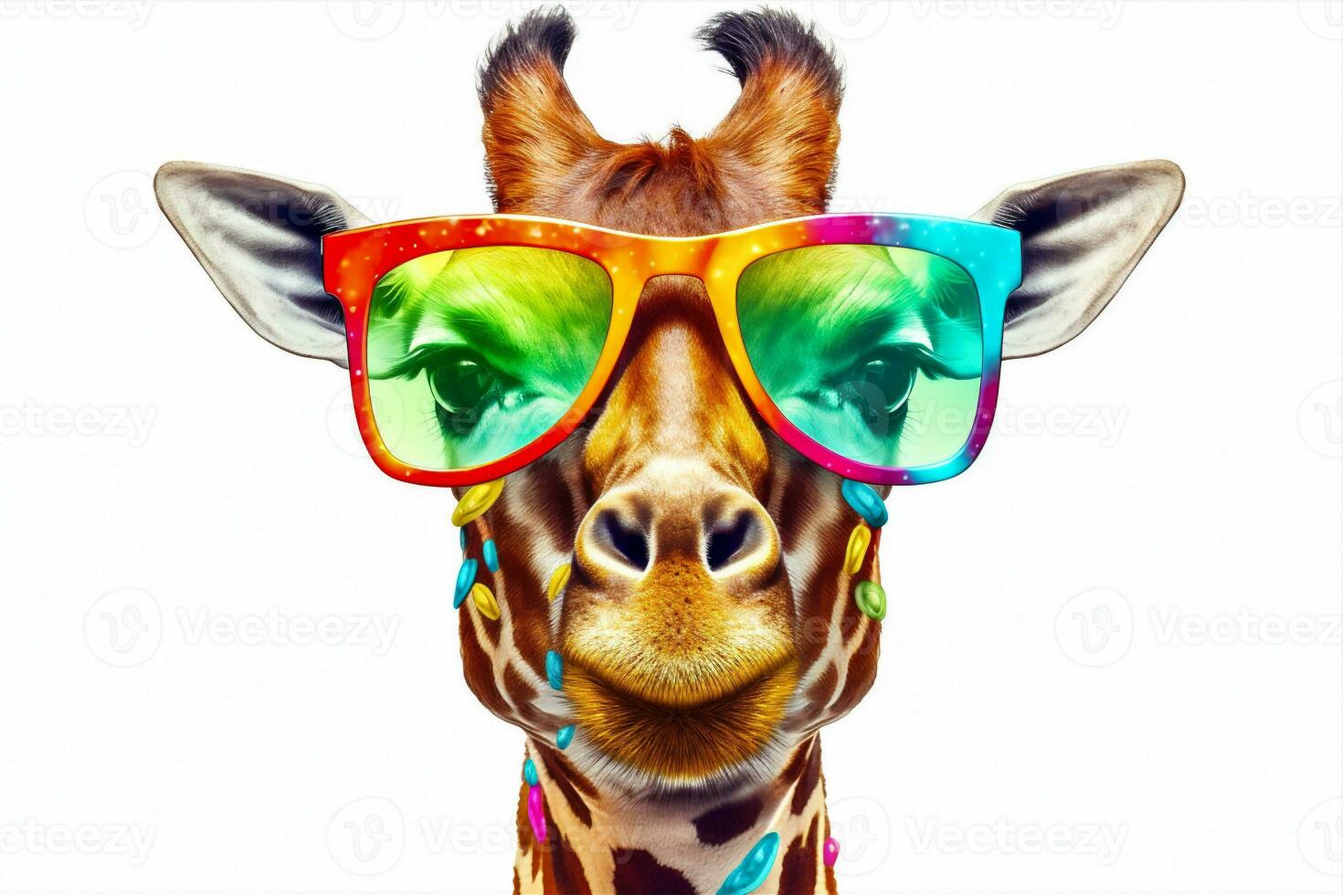mammal colorful africa portrait sunglasses giraffe zoo animal wildlife neck. Generative AI. photo