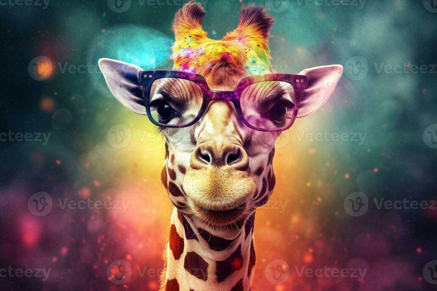 sunglasses africa neck colorful wildlife portrait giraffe zoo mammal animal. Generative AI. photo