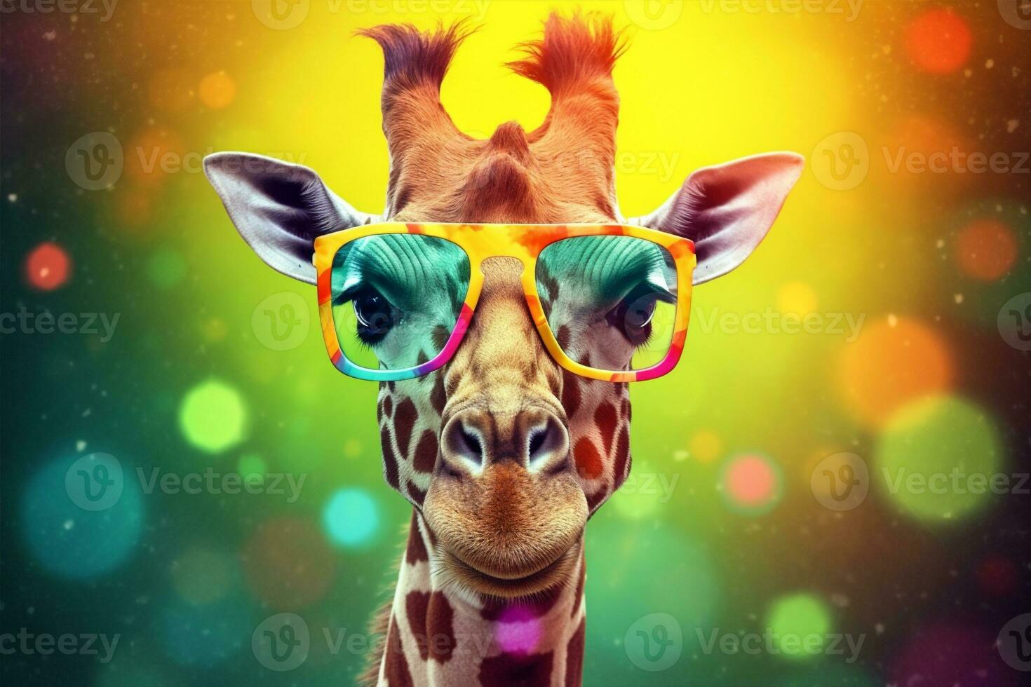 colorful portrait sunglasses giraffe mammal africa neck animal zoo wildlife. Generative AI. photo